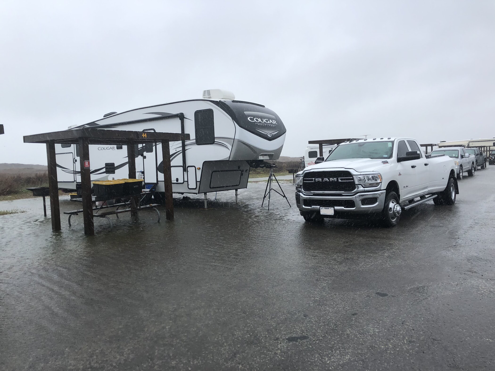 truck and trailer in flooded site